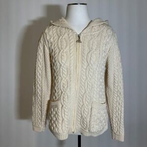 Aran Mor Ireland Merino Wool Cable Knit Zip Up Hooded Sweater Womens Small Cream